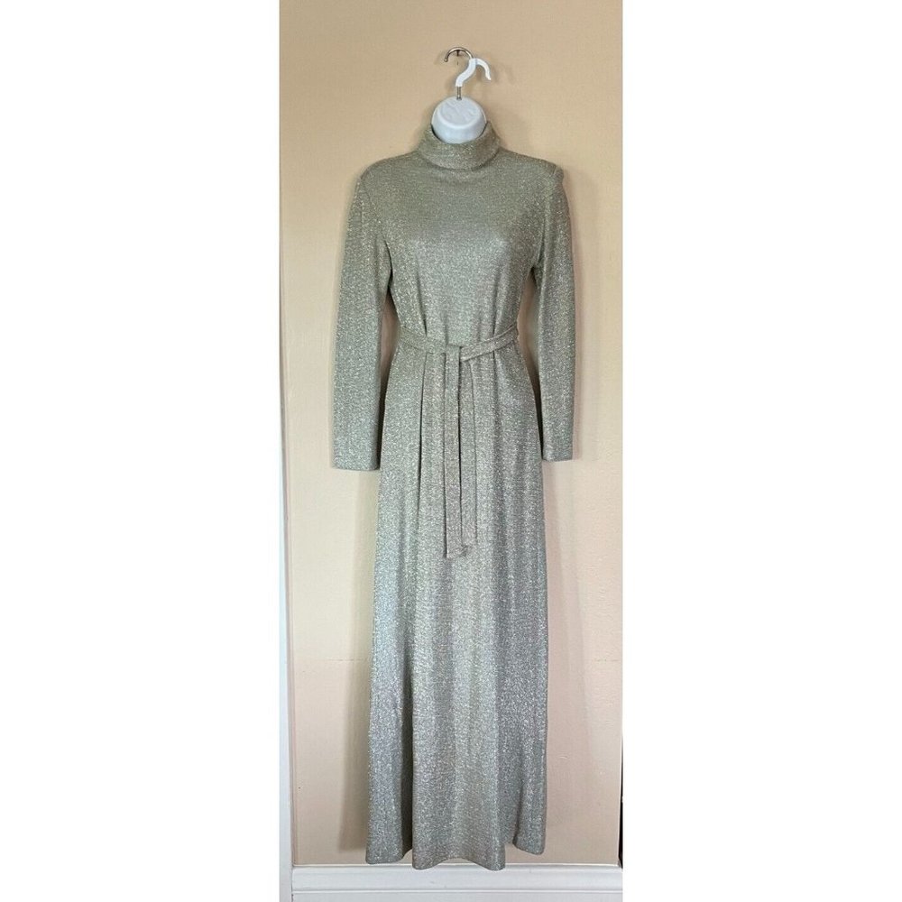Miss Elliette California Women 10 Vtg Metallic Gold long Evening Gown Turtleneck